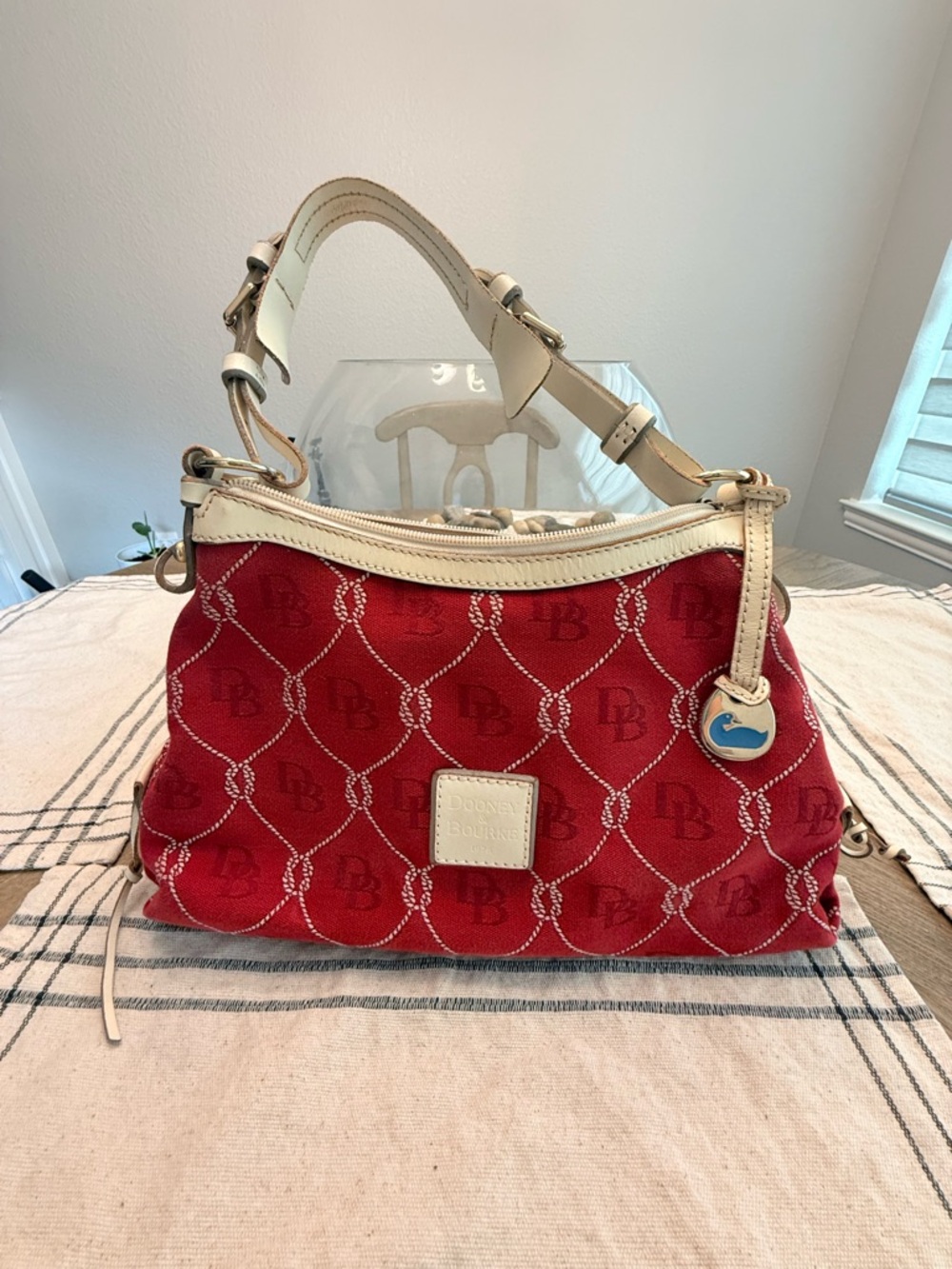 Dooney & Bourke Red Signature Jacquard Shoulder Bag with Cream Trim